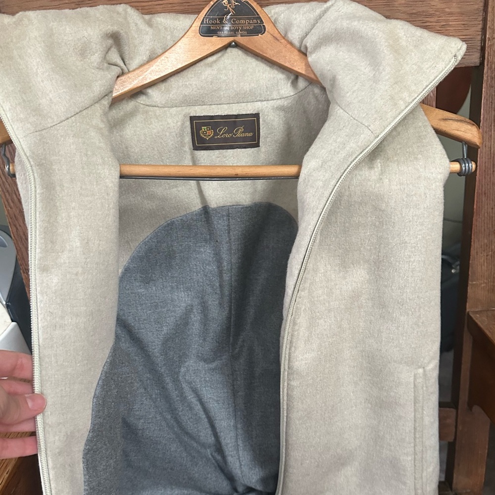 Loro Piana Cashmere Light Gray Vest with hidden hood.